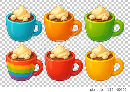 Png set of colorful mugs with whipped cream and marshmallows isolated on transparent background. concept of cozy drinks, dessert illustrations, cute hot chocolate designs 133440691