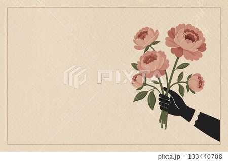 Horizontal vintage floral layout with peony bouquet and retro midcentury frame Horizontal vintage floral layout with peony bouquet and retro midcentury frame 133440708