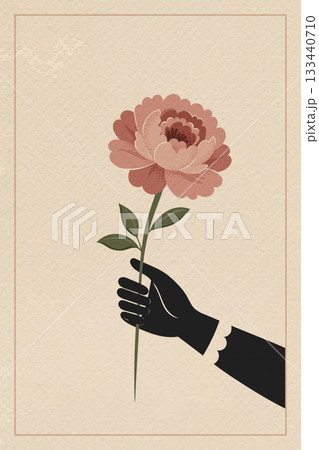 Retro hand holding single peony flower on textured vintage minimalist poster Retro hand holding single peony flower on textured vintage minimalist poster 133440710