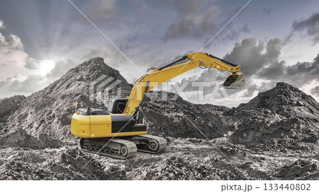 A yellow excavator is digging into large mounds of dirt at a construction site. The late afternoon sky features dark clouds and sunlight breaking through 133440802