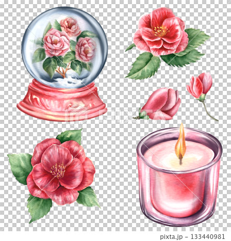 Winter camellia watercolor pink floral set with snow globe and candle Christmas botanical clipart snow globe candle cozy botanical illustration set Perfect festive cards invitations holiday packaging. Winter camellia watercolor pink floral set with snow globe and candle Christmas botanical clipart snow globe candle cozy botanical illustration set Perfect festive cards invitations holiday packaging. 133440981