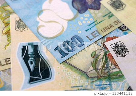 Romanian Leu currency money bills. RON currency banknotes in big amount with different denomination close up Romanian Leu currency money bills. RON currency banknotes in big amount with different denomination close up 133441115