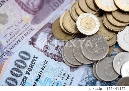 Heap of Hungarian Forint currency money bills and coins. HUF currency banknotes and coins close up Heap of Hungarian Forint currency money bills and coins. HUF currency banknotes and coins close up 133441171