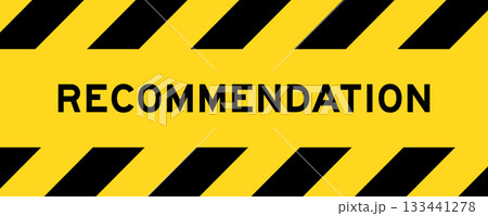 Yellow and black color with line striped label banner with word recommend 133441278