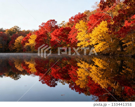 水面に映る紅葉　 AI生成 133441358