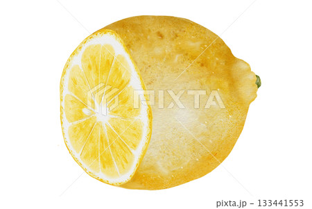 Lemon cut watercolor. Hand drawn tropical sour fruit. Clip art of juicy yellow lime. Citrus on isolated white background. Ideal for logo and packaging of natural cosmetics, household chemicals and Lemon cut watercolor. Hand drawn tropical sour fruit. Clip art of juicy yellow lime. Citrus on isolated white background. Ideal for logo and packaging of natural cosmetics, household chemicals and 133441553