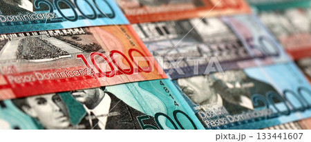 Dominican Republic Pesos currency money bills. DOP currency banknotes in stack with different denomination close up Dominican Republic Pesos currency money bills. DOP currency banknotes in stack with different denomination close up 133441607