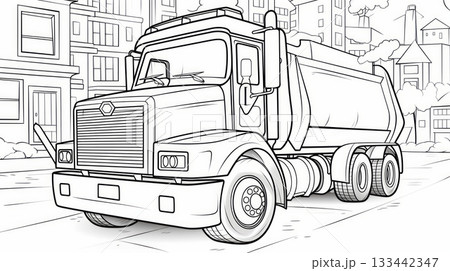 Detailed line drawing of garbage truck on suburban street with houses and trees. Neural network AI generated Detailed line drawing of garbage truck on suburban street with houses and trees. Neural network AI generated 133442347