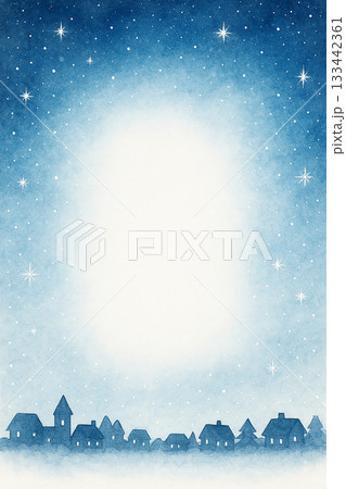 冬の夜空と街並みの星空フレーム背景・水彩タッチ・青系イラスト 133442361