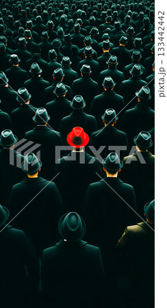 個性を象徴する赤い帽子と無数の黒い帽子 133442442