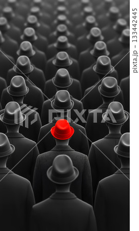 個性を象徴する赤い帽子と無数の黒い帽子 133442445