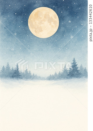 冬の満月と静かな森の水彩イラスト背景 133442610