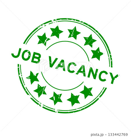 Grunge green job vacancy word with star icon round rubber seal stamp on white background 133442769