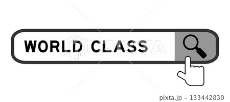 Search banner in word world class with hand over magnifier icon on white background Search banner in word world class with hand over magnifier icon on white background 133442830