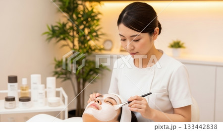 エステサロンでフェイシャルパックの施術を受ける女性 133442838