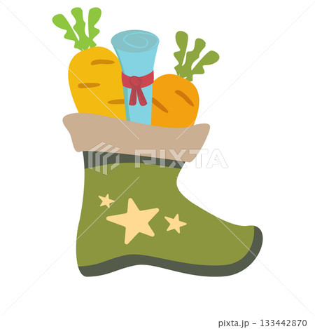 Winter Childrens green boot with carrot and letter for St Nicholas day inside, symbol of Sinterklaas. Sinterklaas cartoon hand drawn shoes with carrot and scroll. Saint Nicholas Day Dutch Holiday Winter Childrens green boot with carrot and letter for St Nicholas day inside, symbol of Sinterklaas. Sinterklaas cartoon hand drawn shoes with carrot and scroll. Saint Nicholas Day Dutch Holiday 133442870