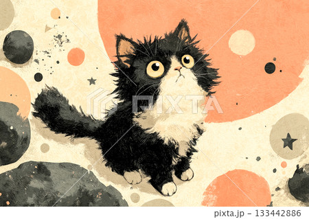 星と丸模様が散りばめられた子猫のポップな背景素材 133442886