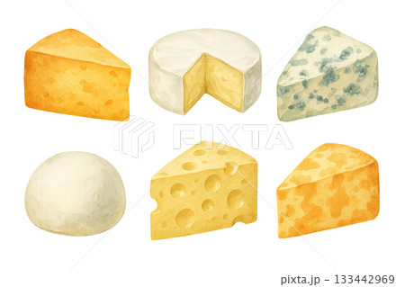 Png set of assorted cheese varieties watercolor illustration isolated on transparent background. concept of gourmet food, dairy delicacies, artisanal cheese selection. clip art for design, culinary 133442969
