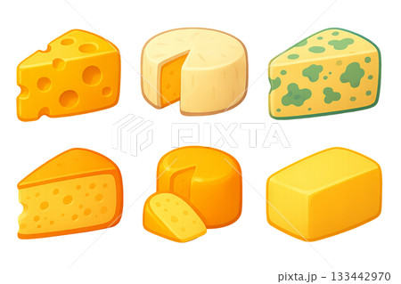 Png set of assorted cheeses including swiss, brie, blue cheese, cheddar and others isolated on transparent background. concept of gourmet food, cheese platter, dairy products illustration. 133442970