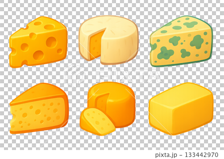 Png set of assorted cheeses including swiss, brie, blue cheese, cheddar and others isolated on transparent background. concept of gourmet food, cheese platter, dairy products illustration. 133442970