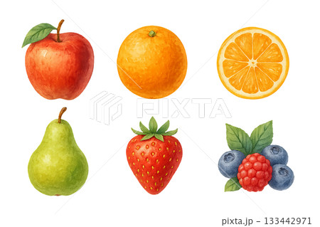 Png watercolor fruit set with apple, orange, pear, strawberry, and berries isolated on transparent background. concept of fresh produce, healthy snacks, colorful fruit illustration. Png watercolor fruit set with apple, orange, pear, strawberry, and berries isolated on transparent background. concept of fresh produce, healthy snacks, colorful fruit illustration. 133442971
