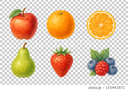 Png watercolor fruit set with apple, orange, pear, strawberry, and berries isolated on transparent background. concept of fresh produce, healthy snacks, colorful fruit illustration. Png watercolor fruit set with apple, orange, pear, strawberry, and berries isolated on transparent background. concept of fresh produce, healthy snacks, colorful fruit illustration. 133442971