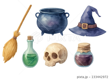 Png watercolor witchcraft attributes set with broom, cauldron, hat, skull, and potion bottles isolated on transparent background. concept of magic tools, halloween decor, mystical elements Png watercolor witchcraft attributes set with broom, cauldron, hat, skull, and potion bottles isolated on transparent background. concept of magic tools, halloween decor, mystical elements 133442972