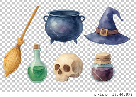 Png watercolor witchcraft attributes set with broom, cauldron, hat, skull, and potion bottles isolated on transparent background. concept of magic tools, halloween decor, mystical elements Png watercolor witchcraft attributes set with broom, cauldron, hat, skull, and potion bottles isolated on transparent background. concept of magic tools, halloween decor, mystical elements 133442972