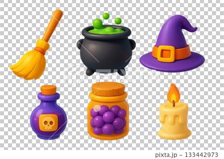 Png witchcraft set for kids with broom, cauldron, hat, potion, jar, and candle isolated on transparent background. concept of halloween decor, magical elements, spooky fun objects 133442973