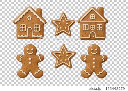 Png set of gingerbread cookies with houses, stars and people isolated on transparent background. concept of holiday sweets, festive treats, christmas decor elements. 133442979