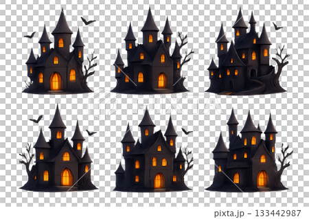 Png set of spooky halloween castles with glowing windows isolated on transparent background. concept of haunted house decor, eerie architecture, scary holiday design. 133442987