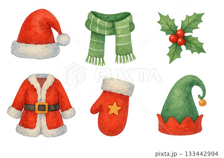 Png watercolor christmas accessories set with santa hat, scarf, holly, coat, mitten, and elf hat isolated on transparent background. concept of festive decor, holiday elements, winter illustration. 133442994