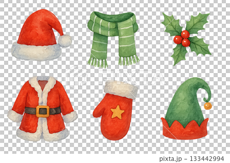 Png watercolor christmas accessories set with santa hat, scarf, holly, coat, mitten, and elf hat isolated on transparent background. concept of festive decor, holiday elements, winter illustration. Png watercolor christmas accessories set with santa hat, scarf, holly, coat, mitten, and elf hat isolated on transparent background. concept of festive decor, holiday elements, winter illustration. 133442994