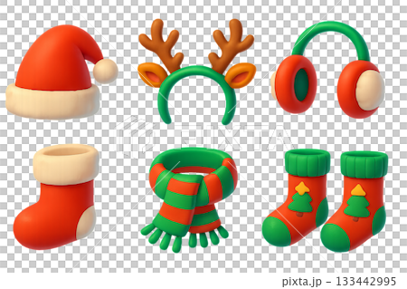 Png set of christmas accessories for kids including santa hat, reindeer headband, earmuffs, stocking, scarf, and socks isolated on transparent background. concept of festive decor and holiday fun. 133442995