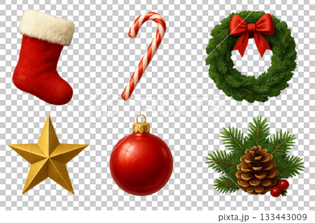 Png set of christmas symbols including stocking, candy cane, wreath, star, bauble, and pinecone isolated on transparent background. concept of holiday decor, festive elements, seasonal decorations. Png set of christmas symbols including stocking, candy cane, wreath, star, bauble, and pinecone isolated on transparent background. concept of holiday decor, festive elements, seasonal decorations. 133443009