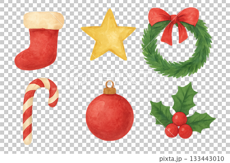 Png watercolor christmas set with festive ornaments including stocking, star, wreath, candy cane, bauble, and holly isolated on transparent background. concept of holiday decor, seasonal illustration, 133443010