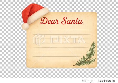 Png vintage christmas letter template with santa hat and pine branch isolated on transparent background. concept of holiday stationery, festive design, seasonal greetings clip art Png vintage christmas letter template with santa hat and pine branch isolated on transparent background. concept of holiday stationery, festive design, seasonal greetings clip art 133443016