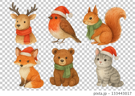 Png watercolor christmas animals in winter attire set isolated on transparent background. concept of holiday wildlife, festive decor, cute forest creatures, seasonal illustration 133443017