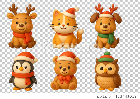 Png set of cute 3d christmas animals with santa hats and scarves isolated on transparent background. concept of holiday decor, festive characters, winter celebration elements. 133443018