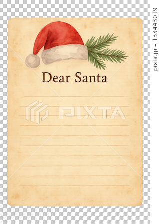 Png watercolor santa letter template with festive design elements including santa hat and pine branch isolated on transparent background. christmas stationery, holiday message, seasonal decor. 133443019