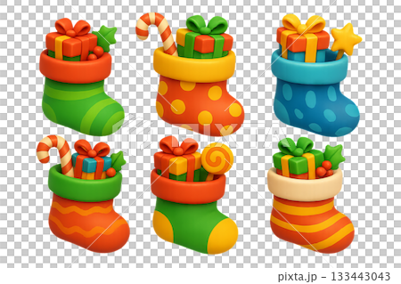 Png set of colorful christmas stockings with gifts and candy canes isolated on transparent background. concept of holiday decor, festive elements, christmas decoration illustration Png set of colorful christmas stockings with gifts and candy canes isolated on transparent background. concept of holiday decor, festive elements, christmas decoration illustration 133443043