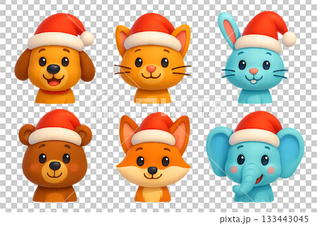 Png set of cute animals wearing santa hats isolated on transparent background. concept of festive christmas characters, holiday decor, adorable winter animal illustration Png set of cute animals wearing santa hats isolated on transparent background. concept of festive christmas characters, holiday decor, adorable winter animal illustration 133443045