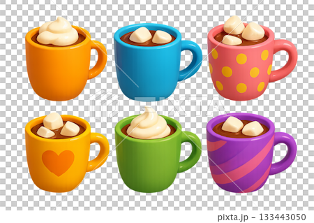 Png set of colorful mugs with hot chocolate and marshmallows isolated on transparent background. concept of cozy winter drinks, sweet treats, warm beverage clip art. 133443050