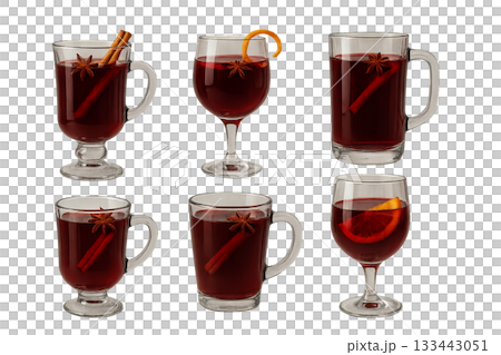 Png set of mulled wine glasses with spices and citrus isolated on transparent background. concept of cozy autumn drinks, festive decor, winter beverage, holiday warmth. 133443051