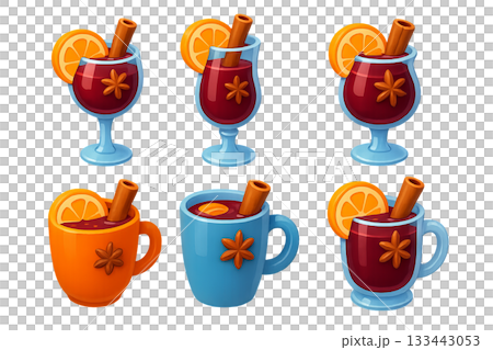 Png set of mulled wine glasses and mugs with spices and orange slices isolated on transparent background. concept of winter drinks, holiday beverages, cozy seasonal treats 133443053