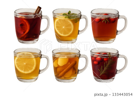 Png set of diverse winter teas with citrus, cinnamon, and berries in glass mugs isolated on transparent background. concept of cozy drinks, seasonal beverages, warming tea assortment. 133443054