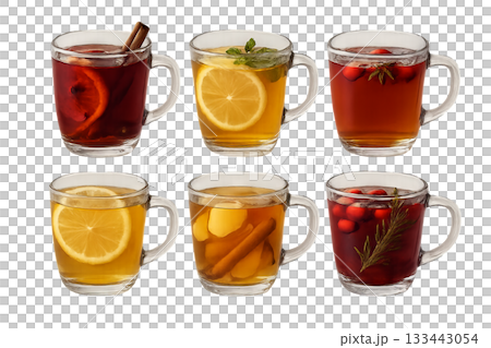 Png set of diverse winter teas with citrus, cinnamon, and berries in glass mugs isolated on transparent background. concept of cozy drinks, seasonal beverages, warming tea assortment. 133443054
