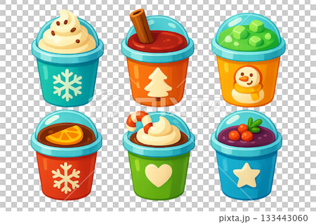 Png set of winter drinks in colorful cups with festive designs isolated on transparent background. concept of cozy beverages, holiday elements, seasonal drink illustration. 133443060