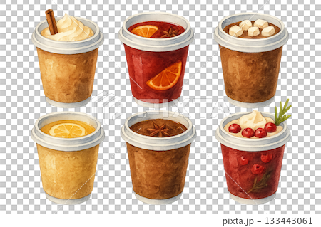Png set of watercolor winter to-go drinks with spices, fruits, and marshmallows isolated on transparent background. concept of seasonal beverages, cozy cafe, holiday warmth. 133443061