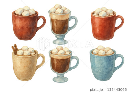 Png watercolor mugs with marshmallows isolated on transparent background. concept of cozy drinks, hot chocolate cups, winter beverages, coffee illustration, warm dessert design 133443066
